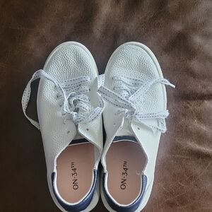 ON 34th White Leather Women's Lace-Up Sneakers with Navy Accent